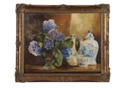 British School, 20th century, Still life with lilac flowers and blueware, oil on board,