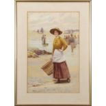 Ralph Todd (British,1856-1932), Fishergirl on the beach, watercolour, signed, 7x11ins, framed and