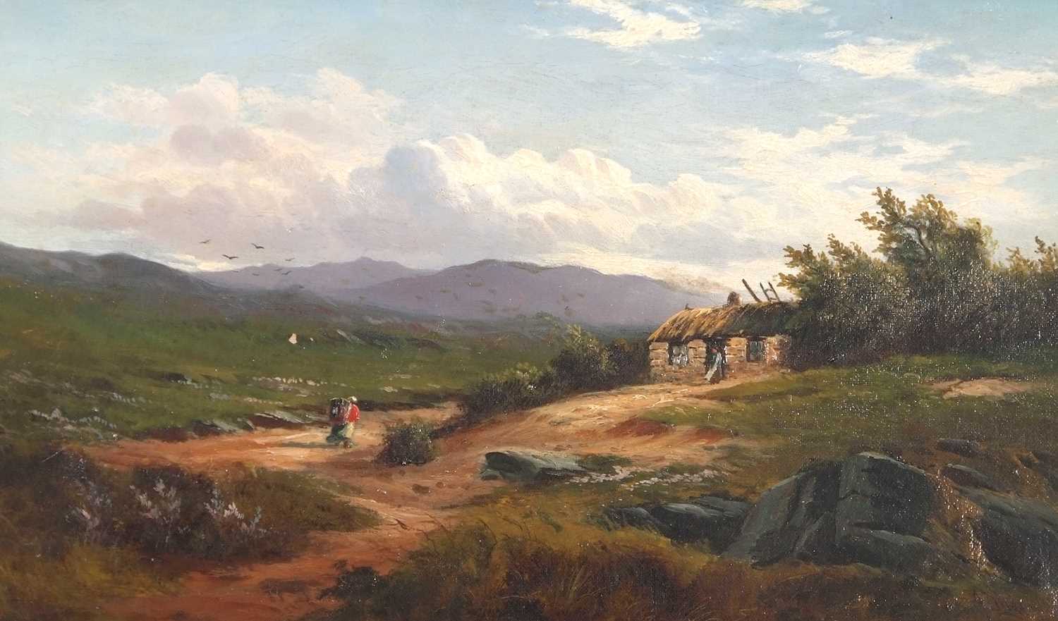 John Davison Liddell (British,1859-1942), Moorland scene with a figure walking a pathway towards a - Image 3 of 3