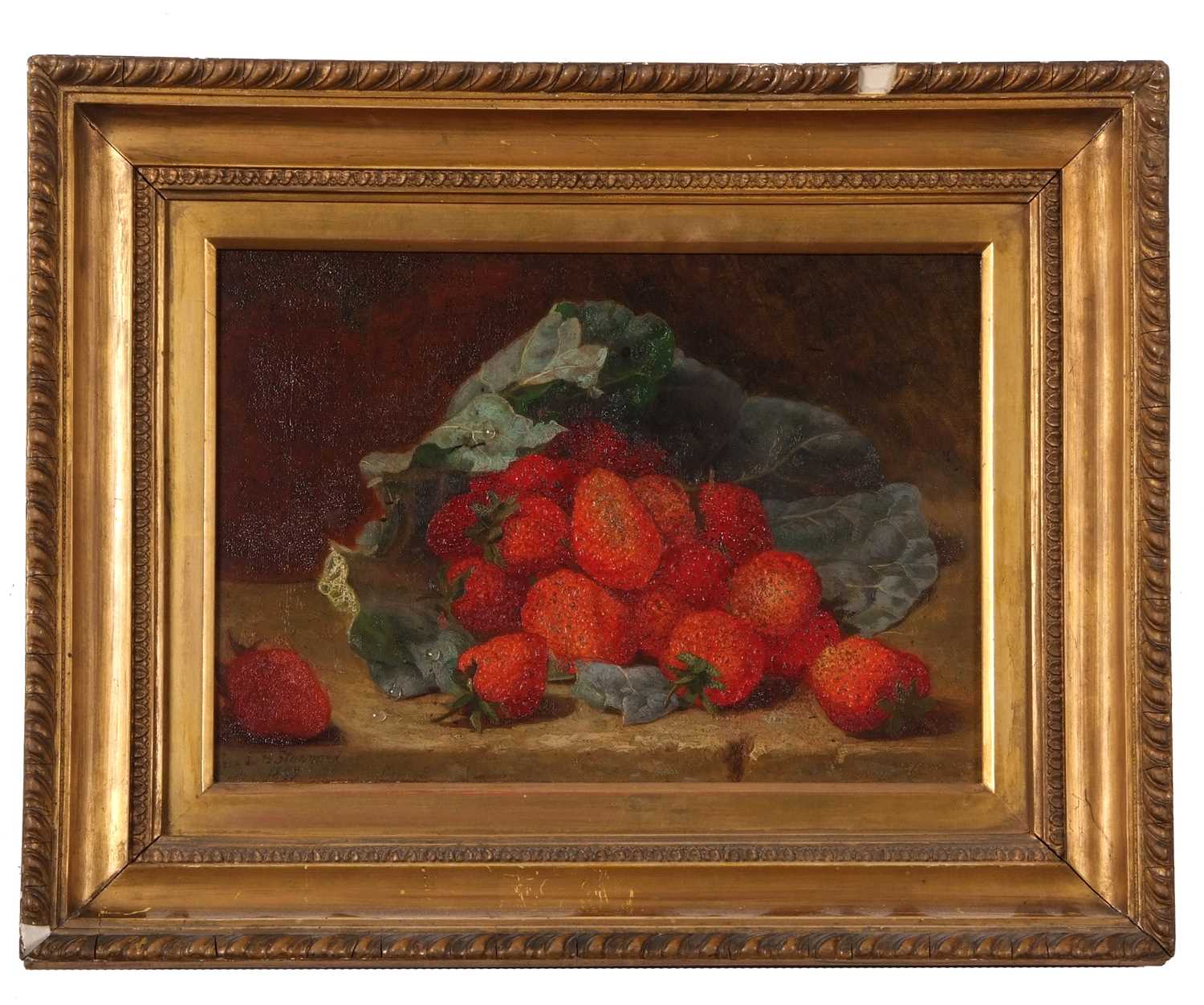 Eloise Harriet Stannard (British, 1829-1915), Still life of strawberries and cabbage leaves, oil