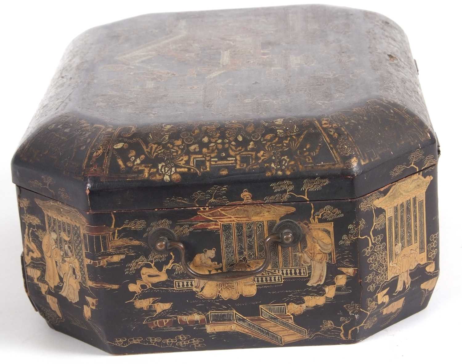 A 19th Century Chinese lacquer box, the black ground decorated in gilt with Chinese landscapes in - Image 5 of 11