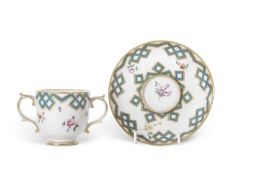 Chelsea Derby caudle cup and saucer with floral sprays and geometric design in turquoise, saucer