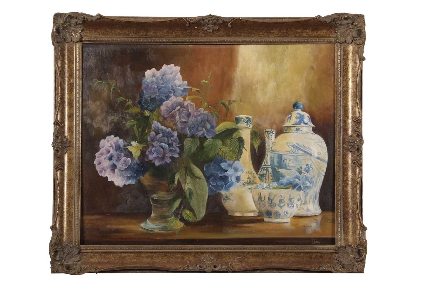 British School, 20th century, Still life with lilac flowers and blueware, oil on board, - Image 4 of 12
