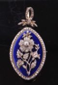 A 19th century diamond and enamel brooch/pendant, the marquise shaped pendant with a central blue