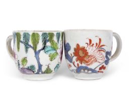 Two Bow porcelain cups the first with an Imari design, circa 1760, the second with an earlier