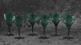 Rare set of six Bristol green wine glasses, early 19th Century with ogee bowls, collar stem, on