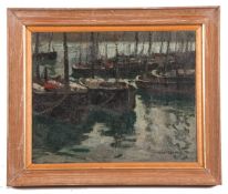 Richard Hayley Lever (American,1876-1958), Moored Vessels, oil on board, signed, approx 11.