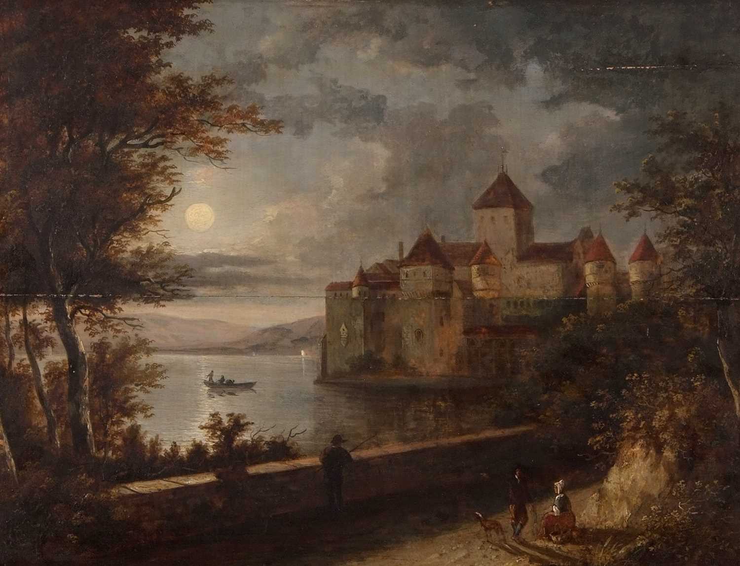 Continental school, circa 19th century, a view of a Schloss in a moonlit lake scene, oil on board, - Image 3 of 3