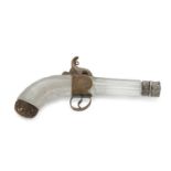 A Victorian glass gun shaped perfume scent bottle in the form of a flintlock pistol with gilt