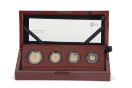 The Sovereign 2018 Four Coin gold proof set, issued by The Royal Mint, number 202 of 300, comprising