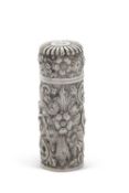 A Victorian cased silver scent bottle of cylindrical form with glass liner and stopper, the body