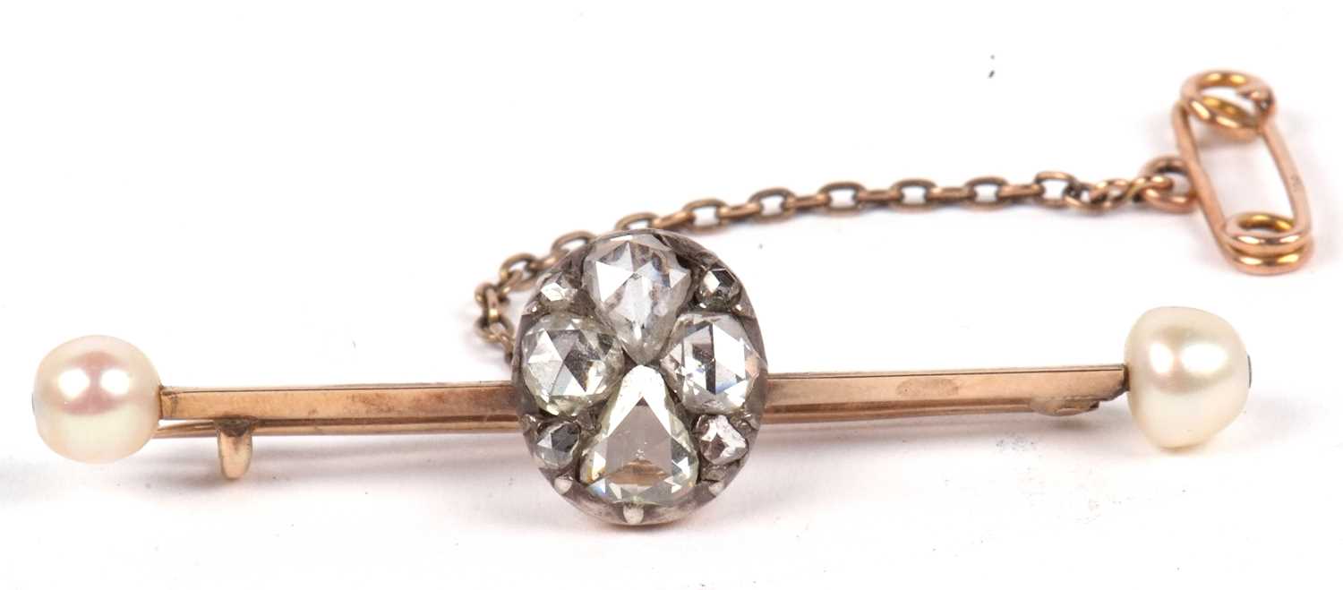 A diamond and 'pearl' bar brooch, the centre set with rose cut diamonds, total estimated approx. 1. - Image 9 of 12
