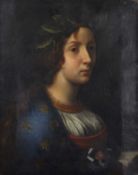 Circa 18th century, Italian school, Bust portrait of a young woman adorning a laurel, oil on canvas,