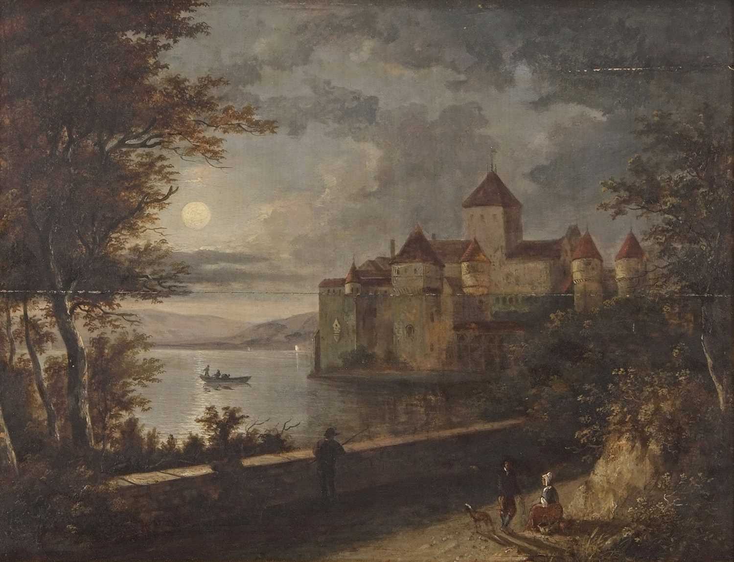 Continental school, circa 19th century, a view of a Schloss in a moonlit lake scene, oil on board,