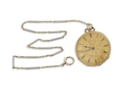 A yellow metal pocket watch with a bi-metal chain, the pocket watch is stamped in the back of the