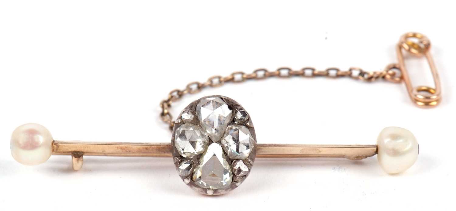 A diamond and 'pearl' bar brooch, the centre set with rose cut diamonds, total estimated approx. 1. - Image 2 of 12