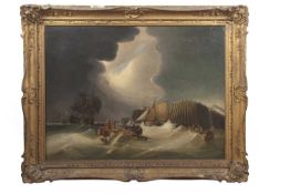 In the manner of Charles Martin Powell (British,1775-1824), a shipping scene is rough seas, oil on