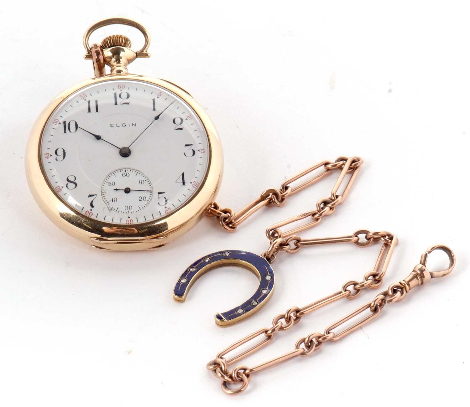 A yellow metal Elgin pocket watch stamped 14k and 585 inside the back of the case back, it has a - Image 9 of 10