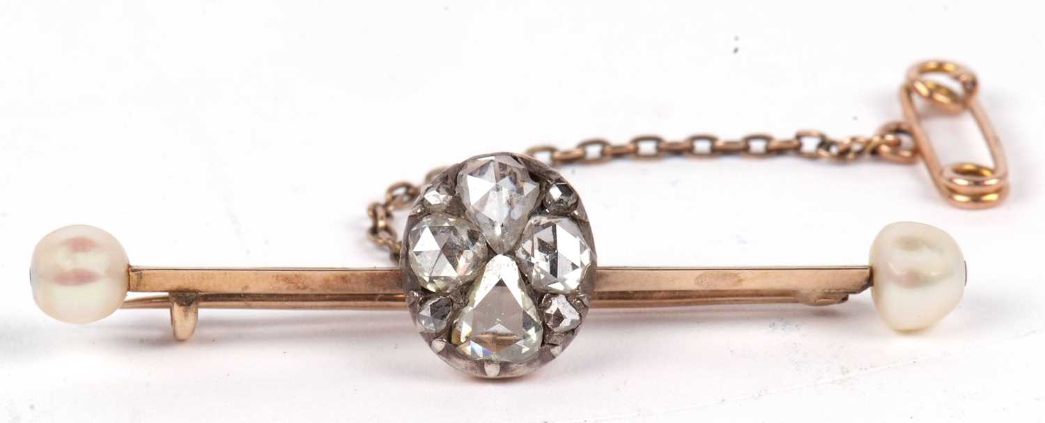 A diamond and 'pearl' bar brooch, the centre set with rose cut diamonds, total estimated approx. 1. - Image 10 of 12