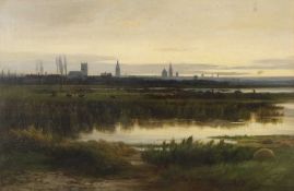 William Beattie Brown RSA (British,1831-1909), 'Dawn breaking across the meadow', oil on canvas,
