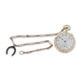 A yellow metal Elgin pocket watch stamped 14k and 585 inside the back of the case back, it has a