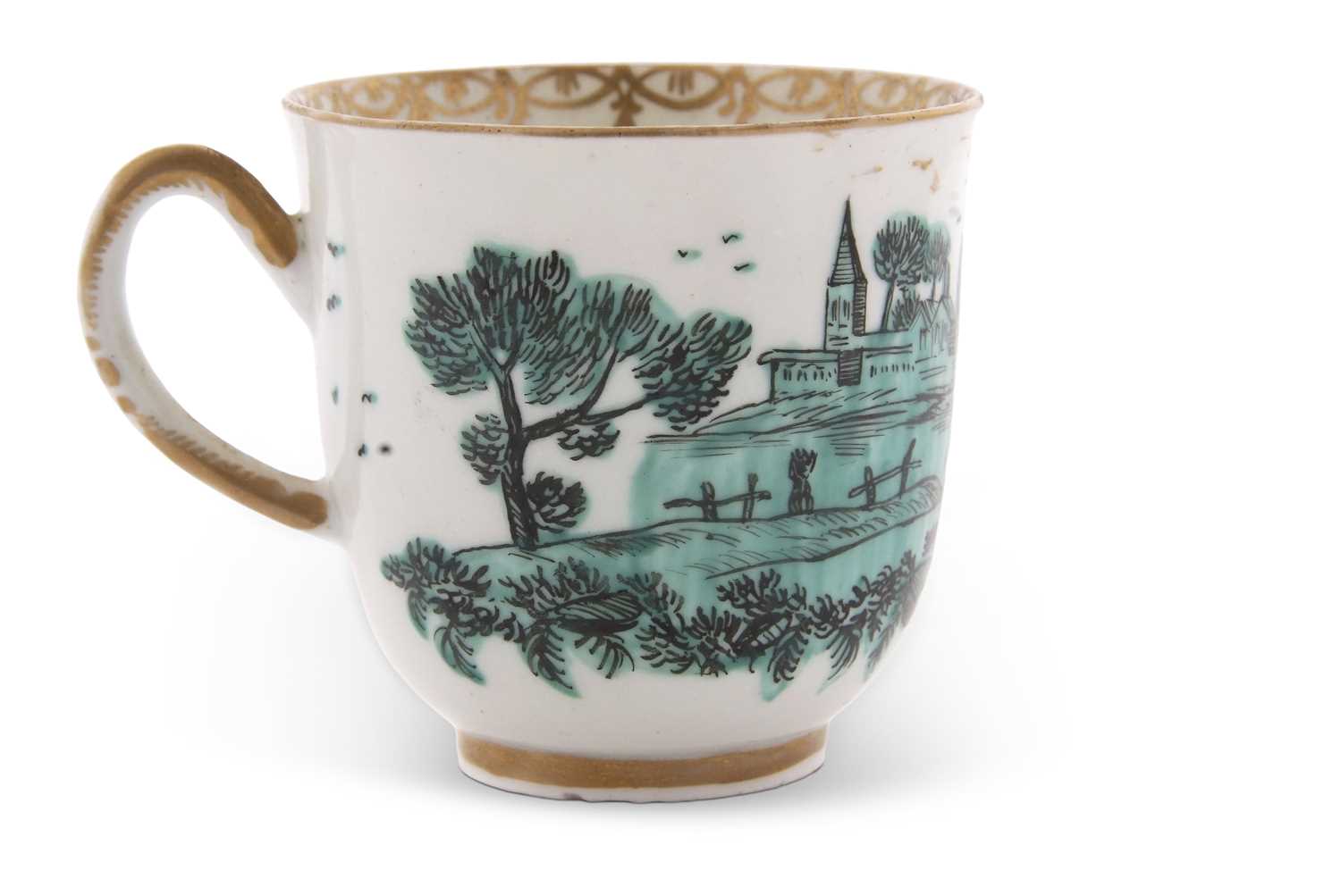 A Worcester porcelain cup decorated in green camaieu with a church and landscape scene, possibly