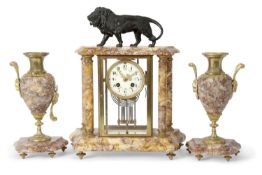 A French variegated marble clock garniture, the clock set in an architectural case with bronze