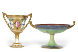 A Royal Crown Derby chalice type cup of vase with gilt handles painted with panels of roses to front