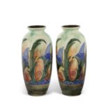 A large pair of Royal Doulton Brangwyn ware vases with a Art Deco floral design, 28cm high,