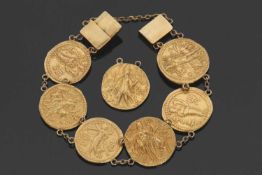 A Kushan coin bracelet, the six round coins with chain link spacers and box clasp, together with