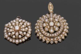 Two Victorian pearl pendants, the first set with a floral motif to centre and surrounded by