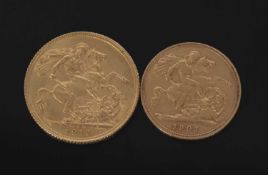 George V sovereign dated 1912 together with a Victorian half sovereign dated 1901, both in a vintage