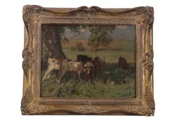 Sir John Alfred Arnesby Brown RA (British,1866-1955), Cattle graze beneath the shade of a tree in