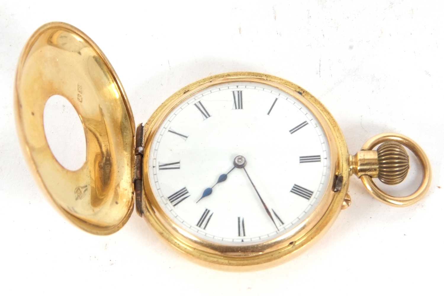 An 18ct gold half Hunter pocket watch stamped 18 inside of the case back and the front of the - Image 6 of 7