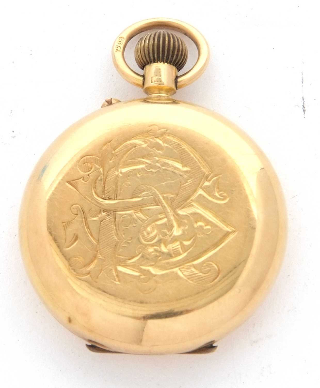 An 18ct gold half Hunter pocket watch stamped 18 inside of the case back and the front of the - Image 4 of 7