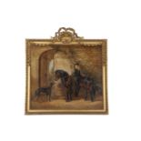 Victorian school, A young girl sat on a pony by an archway with an inquisitive dog nearby, oil on