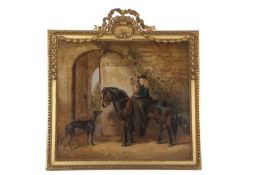 Victorian school, A young girl sat on a pony by an archway with an inquisitive dog nearby, oil on