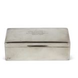 George VI silver cigarette box of plain polished rectangular form, the slight dome lid engraved with