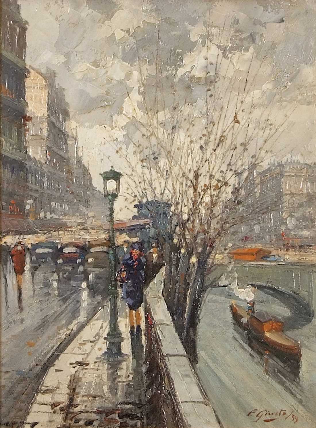 Fausto Giusto (Italian,1867-1941), Le Pont Royal and Pavillion de Flore, Paris, oil on board, signed - Image 4 of 9