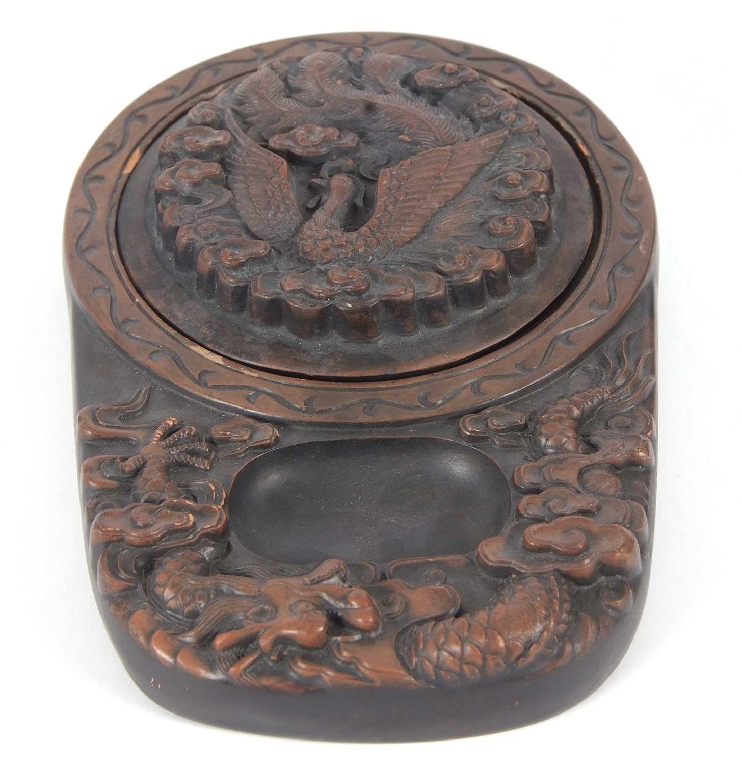 A Chinese carved box and cover, the cover incised with a peacock and the box with a dragon, - Image 3 of 10
