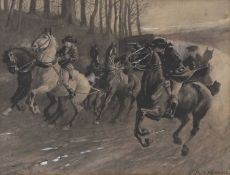 Sir Alfred Munnings KCVO PRA RI (British,1878-1959), A highwayman pursues coach and horses,