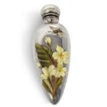 A Victorian silver and enamel scent bottle of conical form, the body enamelled with primroses and
