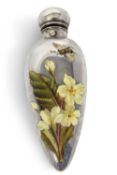 A Victorian silver and enamel scent bottle of conical form, the body enamelled with primroses and