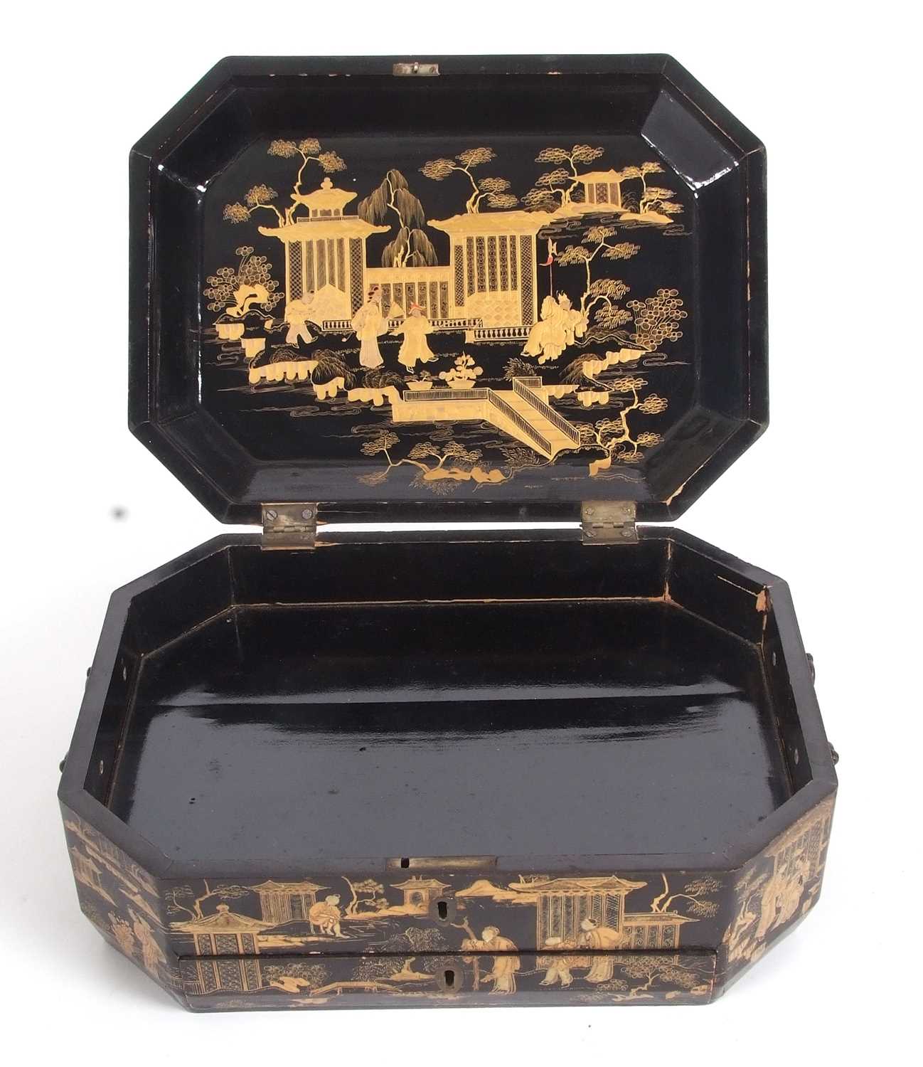 A 19th Century Chinese lacquer box, the black ground decorated in gilt with Chinese landscapes in - Image 11 of 11