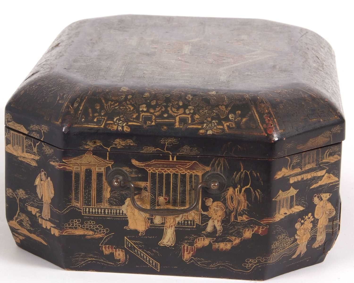 A 19th Century Chinese lacquer box, the black ground decorated in gilt with Chinese landscapes in - Image 7 of 11