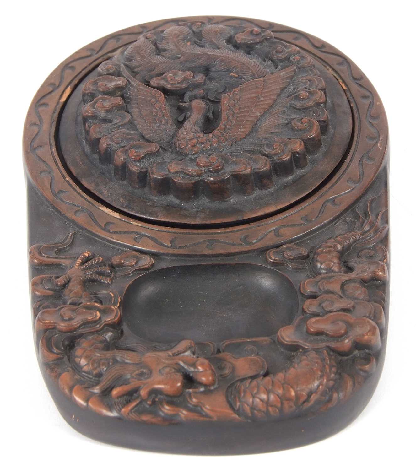 A Chinese carved box and cover, the cover incised with a peacock and the box with a dragon, - Image 5 of 10