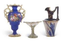 A group of three English ceramics including a small dish, 19th Century, green and gilt decoration,