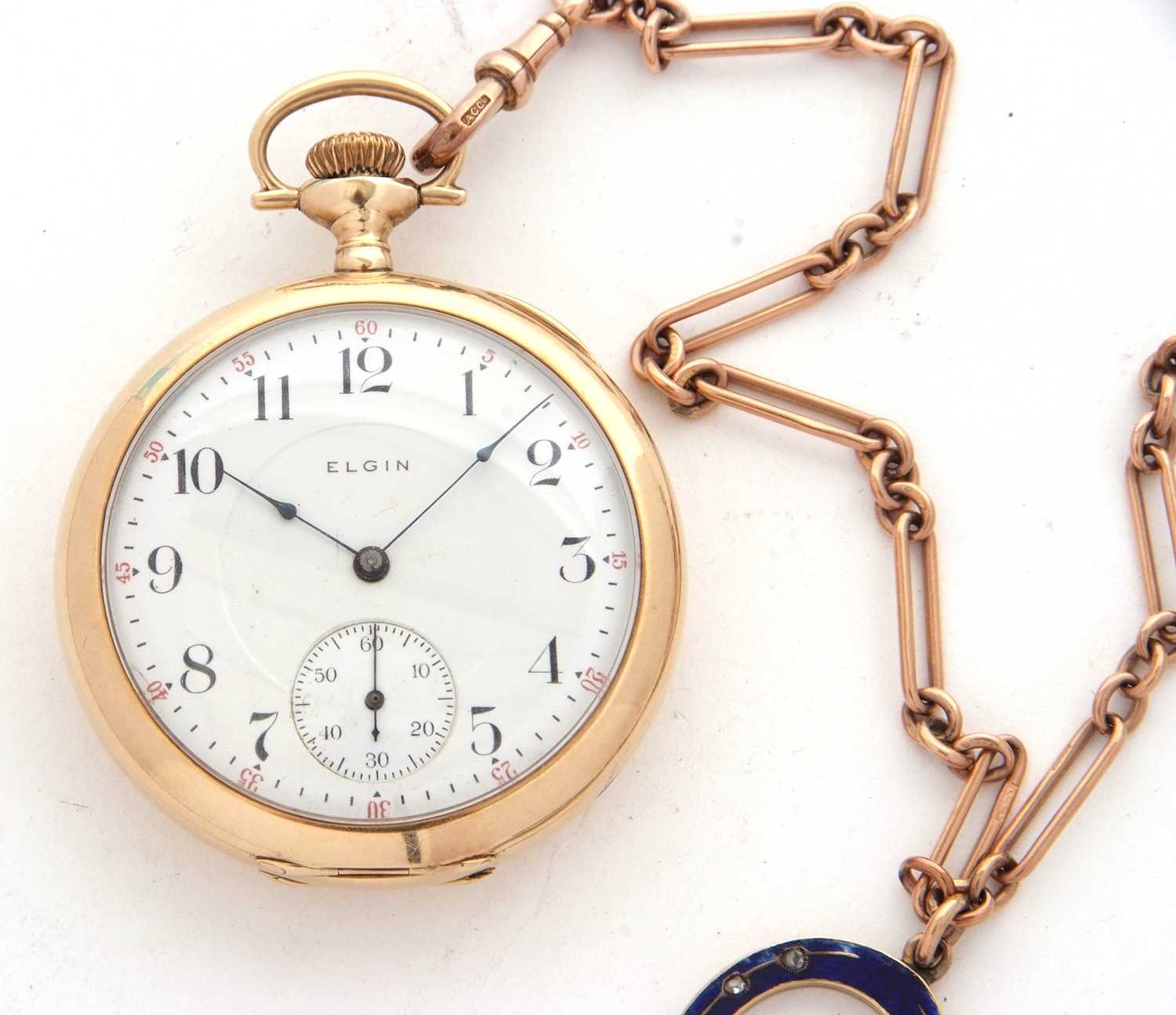 A yellow metal Elgin pocket watch stamped 14k and 585 inside the back of the case back, it has a - Image 4 of 10