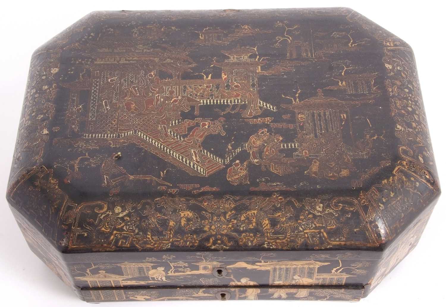 A 19th Century Chinese lacquer box, the black ground decorated in gilt with Chinese landscapes in - Image 2 of 11