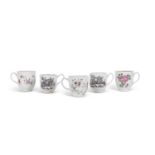 A group of five 18th Century English porcelain coffee cups including a Bow Famille Rose example